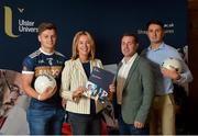 6 September 2018; Michael McKernan, UUJ and Tyrone footballer, Professor  Raffaella Folli Provost of Belfast/Jordanstown campus of Ulster University, Noel Connor,s GPA National Education officer and Stephen Sheridan, graduated UUJ and Armagh footballer at the GPA/UUJ Enhanced Scholarships Announcement at the University of Ulster in Belfast, Co Antrim. Photo by Oliver McVeigh/Sportsfile