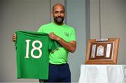 6 September 2018; Republic of Ireland U16 Head Coach Paul Osam with the Victory Shield at the 2018 Victory Shield launch at The Rose Hotel, in Tralee, Co. Kerry. Photo by Sam Barnes/Sportsfile