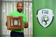 6 September 2018; Republic of Ireland U16 Head Coach Paul Osam with the Victory Shield at the 2018 Victory Shield launch at The Rose Hotel, in Tralee, Co. Kerry. Photo by Sam Barnes/Sportsfile