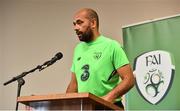 6 September 2018; Republic of Ireland U16 Head Coach, Paul Osam, speaking at the 2018 Victory Shield launch at The Rose Hotel in Tralee, Co. Kerry. Photo by Sam Barnes/Sportsfile