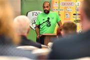 6 September 2018; Republic of Ireland U16 Head Coach, Paul Osam, speaking at the 2018 Victory Shield launch at The Rose Hotel in Tralee, Co. Kerry. Photo by Sam Barnes/Sportsfile