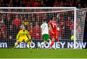 6 September 2018; Connor Roberts of Wales shoots to score his side's fourth goal during the UEFA Nations League match between Wales and Republic of Ireland at the Cardiff City Stadium in Cardiff, Wales. Photo by Stephen McCarthy/Sportsfile