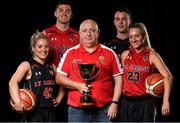 5 September 2018; Mouth-watering opening round Hula Hoops National Cup clash in store as Tralee drawn against Templeogue and Glanmire face Killester. There will be a mouth-watering opening to the 2018/19 Hula Hoops Men’s National Cup this season as reigning champions Templeogue will host Garvey’s Tralee Warriors in a hugely-anticipated clash. The draw was made at the National Basketball Arena in Tallaght this afternoon as part of the official launch of the 2018/19 Basketball Ireland season, which sees a huge 49 clubs competing in the senior National League and Cups this year.   Today’s Cup draws dished up a number of interesting clashes across the board, with last year’s Pat Duffy Cup runners up UCD Marian facing Moycullen, while Belfast Star will host Neptune. In the Women’s National Cup there are some big clashes in store with the draw pitting Ambassador UCC Glanmire against Pyrobel Killester in the opening round, while Marble City Hawks and Fr Mathews – who met each other five times last season between the Cup and the regular season, and have faced each other every year for the past four years in National Cup – will face each other yet again. Pictured are, from left, Nicole Kelly, John McCarthy, Martin Conroy, Aaron Whelan and Courtney Walsh of IT Carlow Basketball. Photo by Sam Barnes/Sportsfile