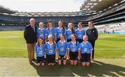 2 September 2018; Mini-games co-ordinator Gerry O'Meara, with the Dublin team, back row, left to right, Lucy White, Scoil Naomh Mhuire, Muchgrange, Co Louth, Lisa Seery, Ardnagrath NS, Athlone, Co Westmeath, Lisa Browne, Scoil Cholmcille, Skryne NS, Co Meath, Nicole Kindlon, Scoil Bhríde Mullaghrafferty, Co Monaghan, Zara Hurley, Scoil Bhríde, Kilcullen, Co Kildare, front row, left to right, Aoibhinn Sheridan, Scoil Mhuire Naofa, Carrigallen, Co Leitrim, Abby Rooney, Hold Child NS, Whitehall, Co Dublin, Aoife Kelly, Rathoe NS, Tullow, Co Carlow, Riadh Murphy, Ballythomas NS, Gorey, Co Wexford, Karrie Rudden, Scoil Naomh Pßdraig, Ballyroan, Co Dublin, ahead of the INTO Cumann na mBunscol GAA Respect Exhibition Go Games at the Electric Ireland GAA Football All-Ireland Minor Championship Final match between Kerry and Galway at Croke Park in Dublin. Photo by Daire Brennan/Sportsfile