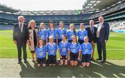 2 September 2018; INTO President Joe Killeen, President of the LGFA Máire Hickey, Chairman of Cumann na mBunscol Liam McGee, and Uachtarán Chumann Lúthchleas Gael John Horan, with the Dublin team, back row, left to right, Lucy White, Scoil Naomh Mhuire, Muchgrange, Co Louth, Lisa Seery, Ardnagrath NS, Athlone, Co Westmeath, Lisa Browne, Scoil Cholmcille, Skryne NS, Co Meath, Nicole Kindlon, Scoil Bhríde Mullaghrafferty, Co Monaghan, Zara Hurley, Scoil Bhríde, Kilcullen, Co Kildare, front row, left to right, Aoibhinn Sheridan, Scoil Mhuire Naofa, Carrigallen, Co Leitrim, Abby Rooney, Hold Child NS, Whitehall, Co Dublin, Aoife Kelly, Rathoe NS, Tullow, Co Carlow, Riadh Murphy, Ballythomas NS, Gorey, Co Wexford, Karrie Rudden, Scoil Naomh Pßdraig, Ballyroan, Co Dublin, ahead of the INTO Cumann na mBunscol GAA Respect Exhibition Go Games at the Electric Ireland GAA Football All-Ireland Minor Championship Final match between Kerry and Galway at Croke Park in Dublin. Photo by Daire Brennan/Sportsfile