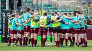 7 September 2018; Munster players huddle ahead of the Guinness PRO14 Round 2 match between Glasgow Warriors and Munster at Scotstoun Stadium in Glasgow, Scotland. Photo by Kenny Smith/Sportsfile