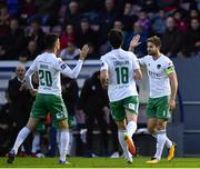 7 September 2018; Gearoid Morrissey of Cork City, right, celebrates with teammates Shane Griffin, left, after scoring his side's first goal during the Irish Daily Mail FAI Cup Quarter-Final match between Longford Town and Cork City at City Calling Stadium in Longford. Photo by Seb Daly/Sportsfile