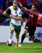 7 September 2018; Karl Sheppard of Cork City in action against Darren Meenan of Longford Town during the Irish Daily Mail FAI Cup Quarter-Final match between Longford Town and Cork City at City Calling Stadium in Longford. Photo by Seb Daly/Sportsfile