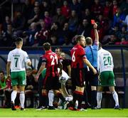7 September 2018; Darren Meenan of Longford Town, 21, is shown a red card by referee Raymond Matthews during the Irish Daily Mail FAI Cup Quarter-Final match between Longford Town and Cork City at City Calling Stadium in Longford. Photo by Seb Daly/Sportsfile