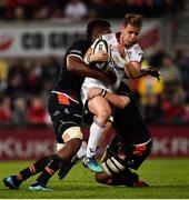 7 September 2018; Craig Gilroy of Ulster is tackled by Bill Mata and Luke Hamilton of Edinburgh during the Guinness PRO14 Round 2 match between Ulster and Edinburgh Rugby at the Kingspan Stadium in Belfast. Photo by Oliver McVeigh/Sportsfile