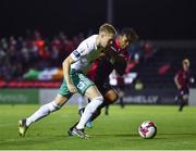 7 September 2018; Shane Daly-Butz of Cork City in action against Tumelo Tlou of Longford Town during the Irish Daily Mail FAI Cup Quarter-Final match between Longford Town and Cork City at City Calling Stadium in Longford. Photo by Seb Daly/Sportsfile