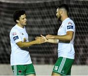 7 September 2018; Barry McNamee of Cork City, left, is congratulated by team-mate Josh O'Hanlon after scoring his side's seventh goal during the Irish Daily Mail FAI Cup Quarter-Final match between Longford Town and Cork City at City Calling Stadium in Longford. Photo by Seb Daly/Sportsfile