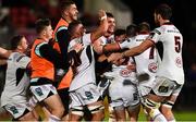 7 September 2018; Ulster players celebrate after their teammate John Cooney, hidden, kicked a match winning penalty in injury time during the Guinness PRO14 Round 2 match between Ulster and Edinburgh Rugby at the Kingspan Stadium in Belfast. Photo by Oliver McVeigh/Sportsfile