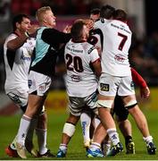 7 September 2018; Ulster players celebrate after their teammate John Cooney, hidden, kicked a match winning penalty in injury time during the Guinness PRO14 Round 2 match between Ulster and Edinburgh Rugby at the Kingspan Stadium in Belfast. Photo by Oliver McVeigh/Sportsfile