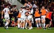 7 September 2018; Ulster players celebrate after their teammate John Cooney, hidden, kicked a match winning penalty in injury time during the Guinness PRO14 Round 2 match between Ulster and Edinburgh Rugby at the Kingspan Stadium in Belfast. Photo by John Dickson/Sportsfile