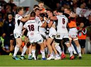7 September 2018; Ulster players celebrate after their teammate John Cooney, centre, kicked a match winning penalty in injury time during the Guinness PRO14 Round 2 match between Ulster and Edinburgh Rugby at the Kingspan Stadium in Belfast. Photo by John Dickson/Sportsfile