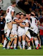 7 September 2018; Ulster players celebrate after their teammate John Cooney, centre, kicked a match winning penalty in injury time during the Guinness PRO14 Round 2 match between Ulster and Edinburgh Rugby at the Kingspan Stadium in Belfast. Photo by John Dickson/Sportsfile