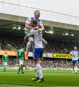 8 September 2018; Haris Duljevic of Bosnia and Herzegovina, left, celebrates after scoring his side's first goal with team mate Edin Džeko during the UEFA Nations League B Group 3 match between Northern Ireland and Bosnia & Herzegovina at Windsor Park in Belfast, Northern Ireland. Photo by David Fitzgerald/Sportsfile