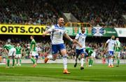 8 September 2018; Haris Duljevic of Bosnia and Herzegovina celebrates after scoring his side's first goal during the UEFA Nations League B Group 3 match between Northern Ireland and Bosnia & Herzegovina at Windsor Park in Belfast, Northern Ireland. Photo by David Fitzgerald/Sportsfile