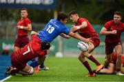 8 September 2018; Luis Faria of Leinster is tackled by Mark Stafford, left, and Louise Bruce of Munster during the U19 Interprovincial Championship match between Leinster and Munster at Energia Park in Dublin. Photo by Piaras Ó Mídheach/Sportsfile