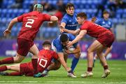 8 September 2018; Michael McGiff of Leinster is tackled by Munster players, from left, Padraig McCarthy, Ben Daly, and Tommy Downes during the U19 Interprovincial Championship match between Leinster and Munster at Energia Park in Dublin. Photo by Piaras Ó Mídheach/Sportsfile
