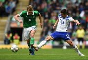8 September 2018; George Saville of Northern Ireland in action against Gojko Cimirot of Bosnia and Herzegovina during the UEFA Nations League B Group 3 match between Northern Ireland and Bosnia & Herzegovina at Windsor Park in Belfast, Northern Ireland. Photo by David Fitzgerald/Sportsfile