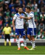 8 September 2018; Elvis Saric of Bosnia and Herzegovina is congratulated by team mate Muhamed Bešic after scoring his side's second goal during the UEFA Nations League B Group 3 match between Northern Ireland and Bosnia & Herzegovina at Windsor Park in Belfast, Northern Ireland. Photo by David Fitzgerald/Sportsfile