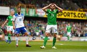 8 September 2018; Stuart Dallas of Northern Ireland reacts to a missed opportunity during the UEFA Nations League B Group 3 match between Northern Ireland and Bosnia & Herzegovina at Windsor Park in Belfast, Northern Ireland. Photo by David Fitzgerald/Sportsfile