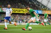 8 September 2018; Jonny Evans of Northern Ireland in action against Elvis Saric of Bosnia and Herzegovina during the UEFA Nations League B Group 3 match between Northern Ireland and Bosnia & Herzegovina at Windsor Park in Belfast, Northern Ireland. Photo by David Fitzgerald/Sportsfile