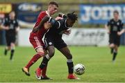 8 September 2018; Gabriel Aduaka of Finn Harps in action against Matt O'Reilly of Cork City during the SSE Airtricity League U17 Mark Farren Memorial Cup Final match between Finn Harps and Cork City at Finn Park in Ballybofey, Co Donegal. Photo by Oliver McVeigh/Sportsfile