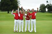 8 September 2018; Danish players from left, team captain Torben Henriksen Nyehuus, John Axelsen, Nicolai Hojgaard and Rasmus Hojgaard celebrate with the Eisenhower Trophy after the 2018 World Amateur Team Golf Championships - Eisenhower Trophy competition at Carton House in Maynooth, Co Kildare. Photo by Matt Browne/Sportsfile
