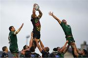 8 September 2018; Jimmy Tuivaiti of Zebre takes a lineout ahead of Quinn Roux, left, and Jarrad Butler of Connacht during the Guinness PRO14 Round 2 match between Connacht and Zebre at The Sportsground in Galway. Photo by Harry Murphy/Sportsfile