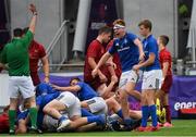 8 September 2018; Anthony Ryan of Leinster, centre, celebrates a second half try during the U19 Interprovincial Championship match between Leinster and Munster at Energia Park in Dublin. Photo by Piaras Ó Mídheach/Sportsfile