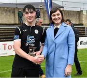 8 September 2018; Ronan Gallagher of Finn Harps receives the Man of the Match from Ruth Ryan SSE Airtricity Marketing and Sponsorship after the SSE Airtricity League U17 Mark Farren Memorial Cup Final match between Finn Harps and Cork City at Finn Park in Ballybofey, Co Donegal.  Photo by Oliver McVeigh/Sportsfile
