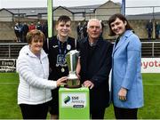 8 September 2018; Daragh Ellison of Finn Harps receives the Mark Farren Memorial Cup from Kathleen and Michael Farren, parents of the late Mark Farren and Ruth Ryan SSE Airtricity Marketing and Sponsorship after the SSE Airtricity League U17 Mark Farren Memorial Cup Final match between Finn Harps and Cork City at Finn Park in Ballybofey, Co Donegal. Photo by Oliver McVeigh/Sportsfile