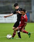 8 September 2018; Uniss Kargbo of Cork City in action against Conor Black of Finn Harps  during the SSE Airtricity League U17 Mark Farren Memorial Cup Final match between Finn Harps and Cork City at Finn Park in Ballybofey, Co Donegal.  Photo by Oliver McVeigh/Sportsfile