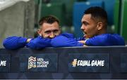 8 September 2018; Gareth McAuley, left, and Josh Magennis of Northern Ireland prior to the UEFA Nations League B Group 3 match between Northern Ireland and Bosnia & Herzegovina at Windsor Park in Belfast, Northern Ireland. Photo by David Fitzgerald/Sportsfile