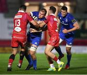 8 September 2018; Rhys Ruddock of Leinster is tackled by Kieron Fonotia, left, and Gareth Davies of Scarlets during the Guinness PRO14 Round 2 match between Scarlets and Leinster at Parc y Scarlets in Llanelli, Wales. Photo by Stephen McCarthy/Sportsfile