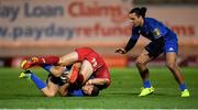8 September 2018; Jordan Larmour with the support of his Leinster team-mate James Lowe is tackled by Leigh Halfpenny of Scarlets during the Guinness PRO14 Round 2 match between Scarlets and Leinster at Parc y Scarlets in Llanelli, Wales. Photo by Stephen McCarthy/Sportsfile