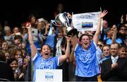 9 September 2018; Dublin captain Emer Keenan, left, and vice-captain Deirdre Johnstone lift the Kathleen Mills cup following the Liberty Insurance All-Ireland Premier Junior Camogie Championship Final match between Dublin and Kerry at Croke Park in Dublin. Photo by David Fitzgerald/Sportsfile