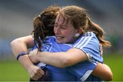 9 September 2018; Dublin players Aoife Bugler, right, and Deirdre Johnstone celebrate after the Liberty Insurance All-Ireland Premier Junior Camogie Championship Final match between Dublin and Kerry at Croke Park in Dublin. Photo by Piaras Ó Mídheach/Sportsfile