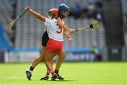 9 September 2018; Fionnuala Carr of Down in action against Sarah Harrington of Cork during the Liberty Insurance All-Ireland Intermediate Camogie Championship Final match between Cork and Down at Croke Park in Dublin. Photo by Piaras Ó Mídheach/Sportsfile