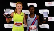 9 September 2018; Kia Race Series Winner's Kerry O'Flaherty of Newcastle and District AC, Co Down, and Hiko Tonosa of Dundrum South Dublin A.C., Co. Dublin, pictured with their series medals at the Kia Race Series Finale – Mondello International 10K at Mondello Park in Naas, Co. Kildare. Photo by Sam Barnes/Sportsfile