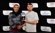 9 September 2018; Kia Men's Race Series Runner Up, Eric Keogh of Donore Harriers AC, Co. Dubin, right, is presented with his series medal by David O'Connor of Kia Motors Ireland, at the Kia Race Series Finale – Mondello International 10K at Mondello Park in Naas, Co. Kildare. Photo by Sam Barnes/Sportsfile