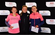 9 September 2018; Women's medallists, from left, Ciara Wilson, bronze, Kerry O'Flaherty of Newcastle and Distric AC, Co. Down, gold, and Laura Shaughnessy of Dundrum South Dublin AC, Co. Dublin, silver, at the Kia Race Series Finale – Mondello International 10K at Mondello Park in Naas, Co. Kildare. Photo by Sam Barnes/Sportsfile