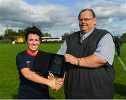 9 September 2018; Womens Football Committee member Padraig Hartnett presents presents Gillian Cahill of Lakewood Athletic with her player of the match trophy after the FAI Women’s Intermediate Shield Final match between TEK United and Lakewood Athletic at Newhill Park in Two Mile Borris, Tipperary.  Photo by Harry Murphy/Sportsfile