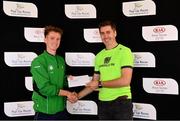 9 September 2018; Kevin Dooney of Raheny Shamrocks AC, Co. Dublin, is presented with his prize by Roddy Greene, Mondello Park General Manager, after finishing second in the Men's Kia Race Series Finale – Mondello International 10K at Mondello Park in Naas, Co. Kildare. Photo by Sam Barnes/Sportsfile