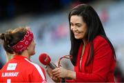 9 September 2018; Cork captain Aoife Murray is interviewed by Lauren Gilfoyle of Red FM after the Liberty Insurance All-Ireland Senior Camogie Championship Final match between Cork and Kilkenny at Croke Park in Dublin. Photo by Piaras Ó Mídheach/Sportsfile