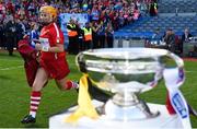 9 September 2018; Cork captain Aoife Murray runs past the O'Duffy Cup before the Liberty Insurance All-Ireland Senior Camogie Championship Final match between Cork and Kilkenny at Croke Park in Dublin. Photo by Piaras Ó Mídheach/Sportsfile