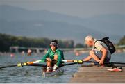 10 September 2018; Denise Walsh, front, and Aoife Casey of Ireland, with coach Dominic Casey, prior to racing on day two of the World Rowing Championships in Plovdiv, Bulgaria. Photo by Seb Daly/Sportsfile
